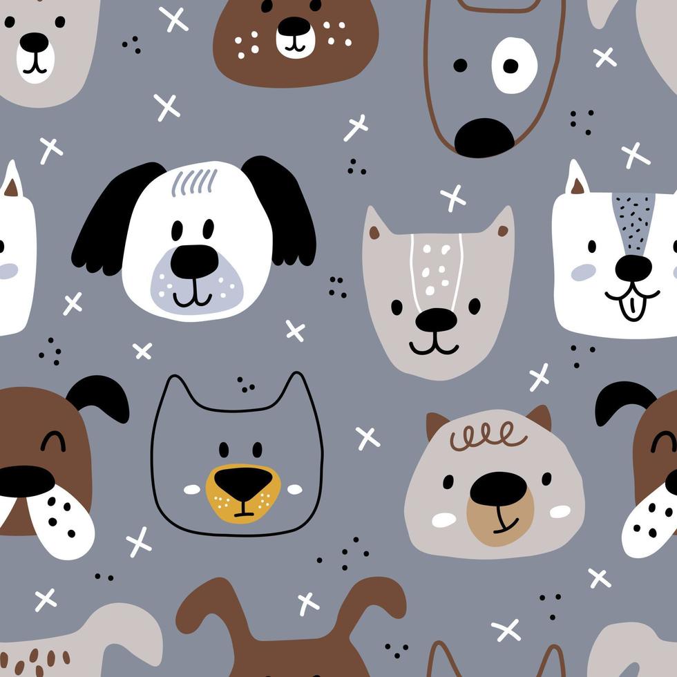 Cute dog faces on gray background in Scandinavian style with abstract elements. Seamless kids pattern with pets. The print is ideal for a changing room, nursery room vector