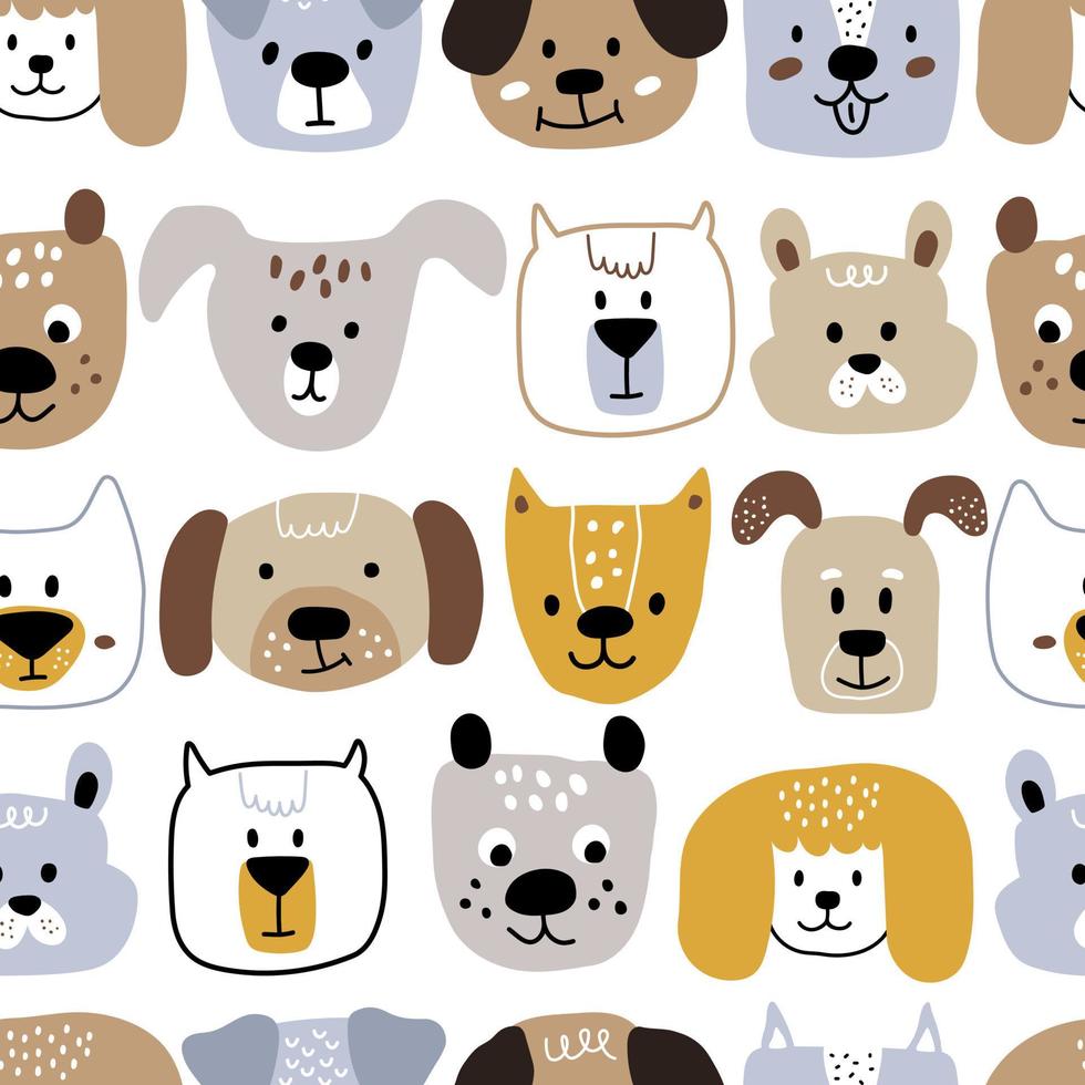 las caras de los perros están ubicadas horizontalmente sobre un fondo blanco. patrón infantil impecable con caras de animales de perro. fondo de vivero creativo. vector