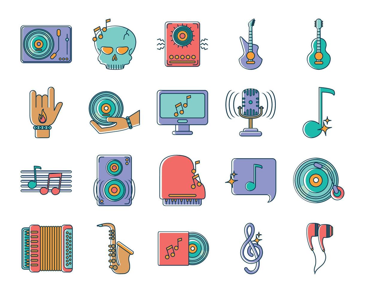 music melody sound audio icons set line and fill style vector