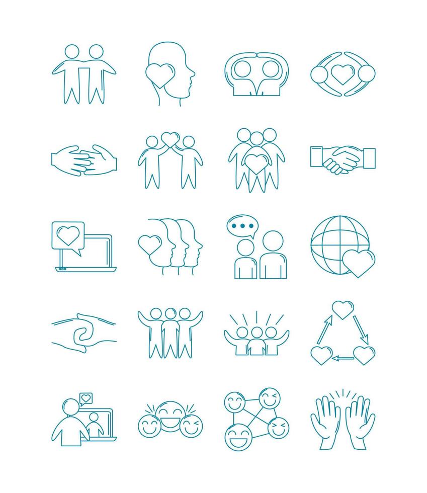 happy friendship day celebration love relationship support team icons set line style vector