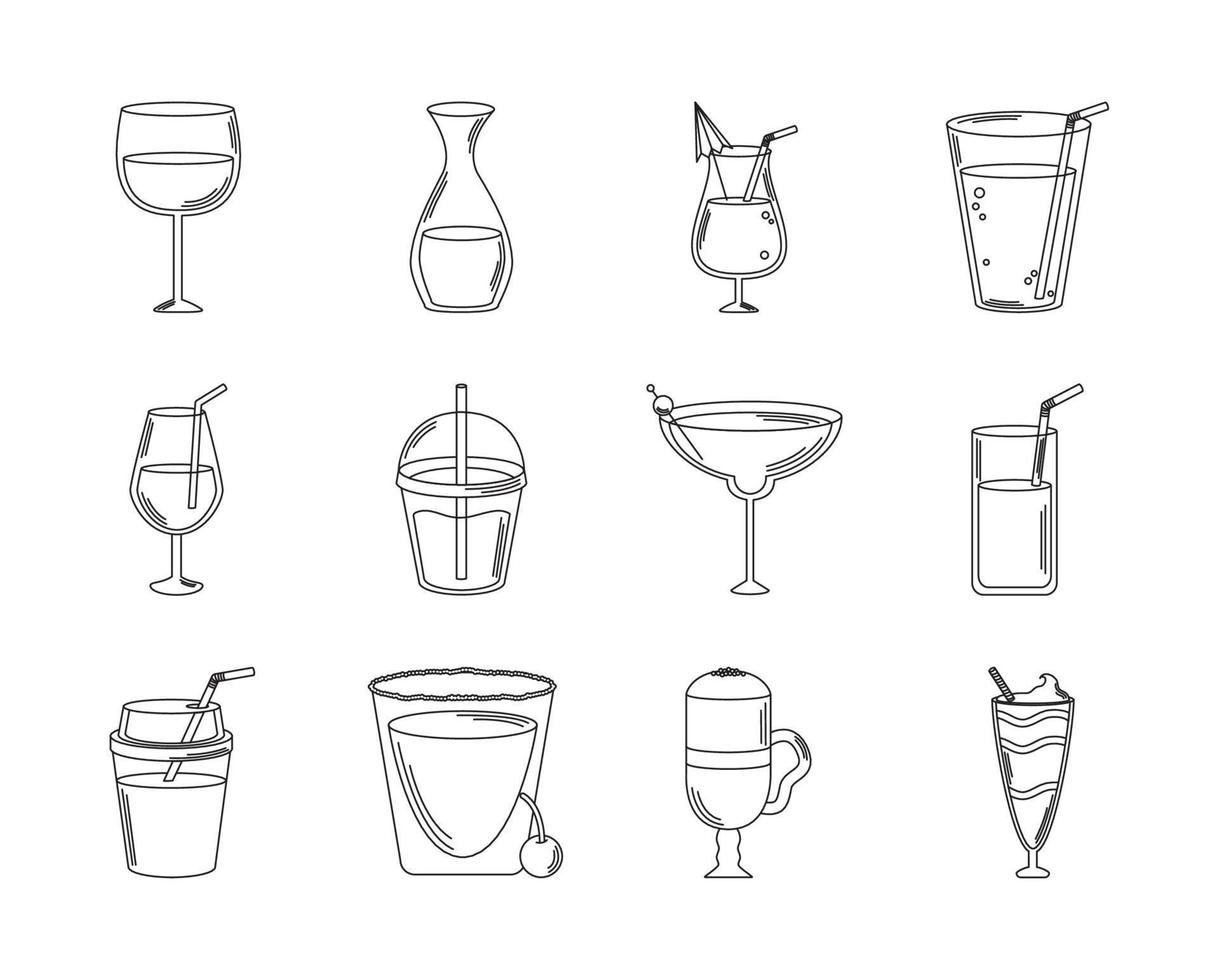 drinks beverage glass cups bottle alcoholic liquor icons set line style icon vector