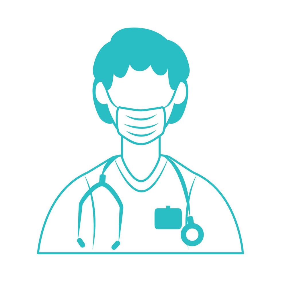 online doctor, male physician medical mask and stethoscope covid 19, line style icon vector