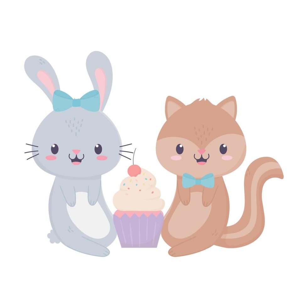 happy birthday cute rabbit squirrel cupcake celebration decoration card vector
