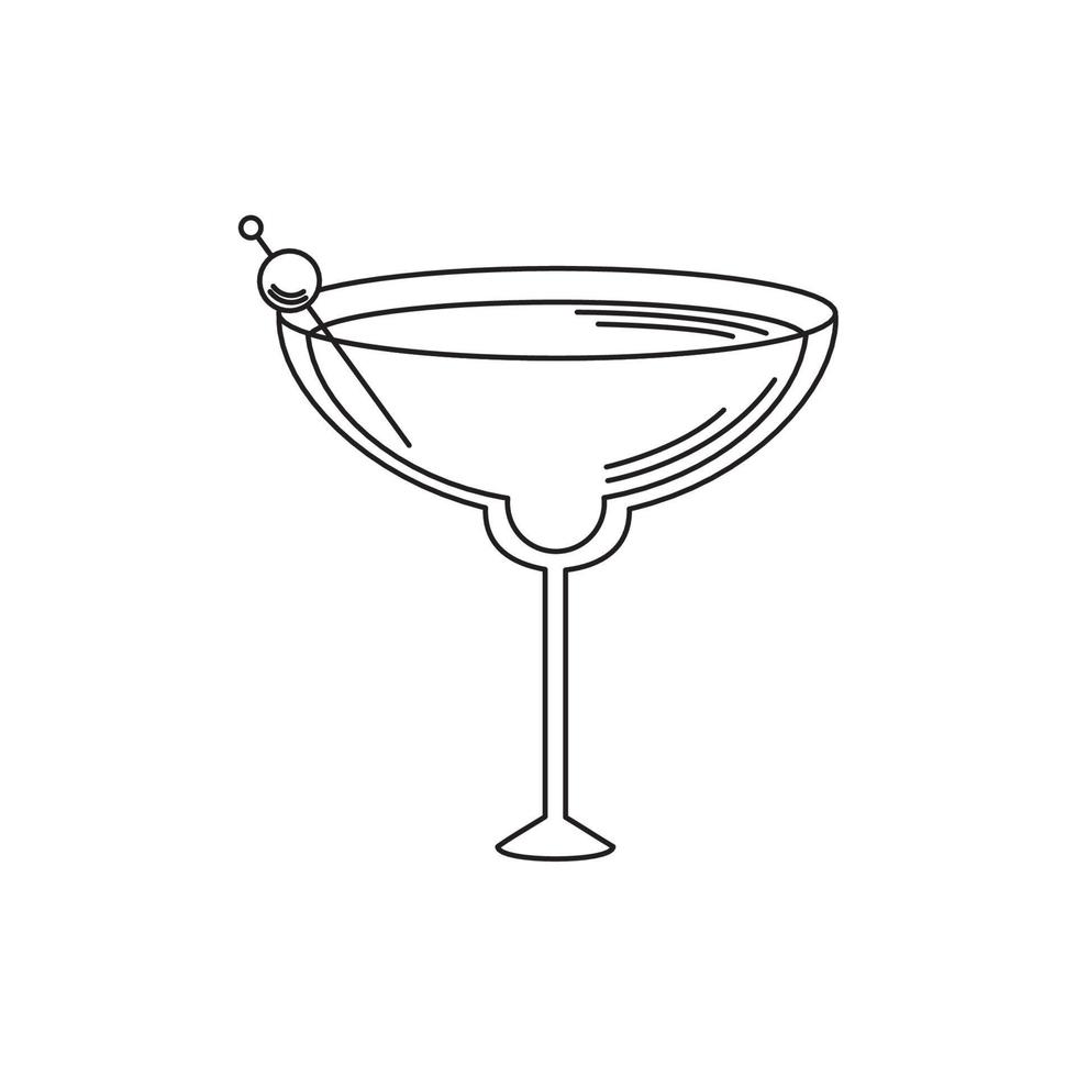 bebe alcohol en un vaso de vidrio con aceituna en un icono de estilo de línea de palo vector