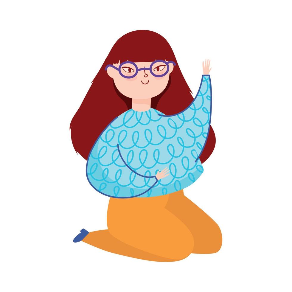 young woman with glasses on the knees character isolated icon vector