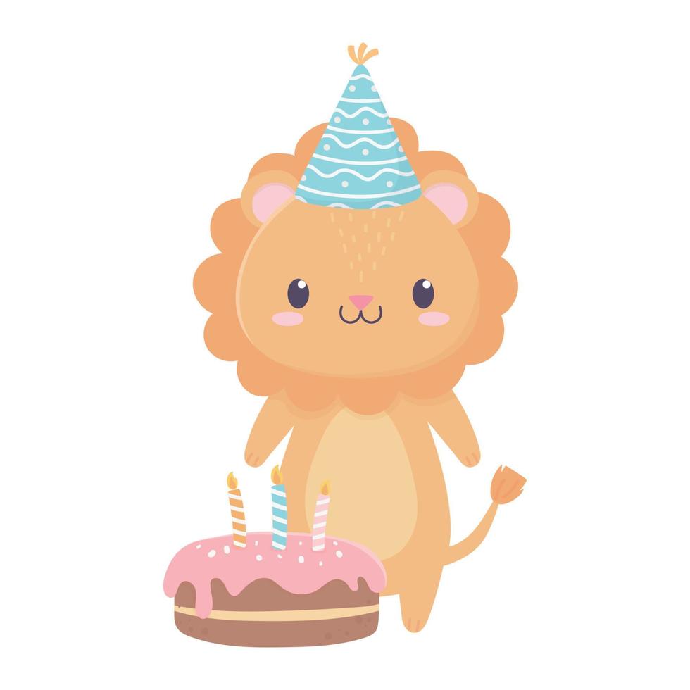 Feliz cumpleaños león oveja con gorros de fiesta y tarjeta de decoración de celebración de tartas vector