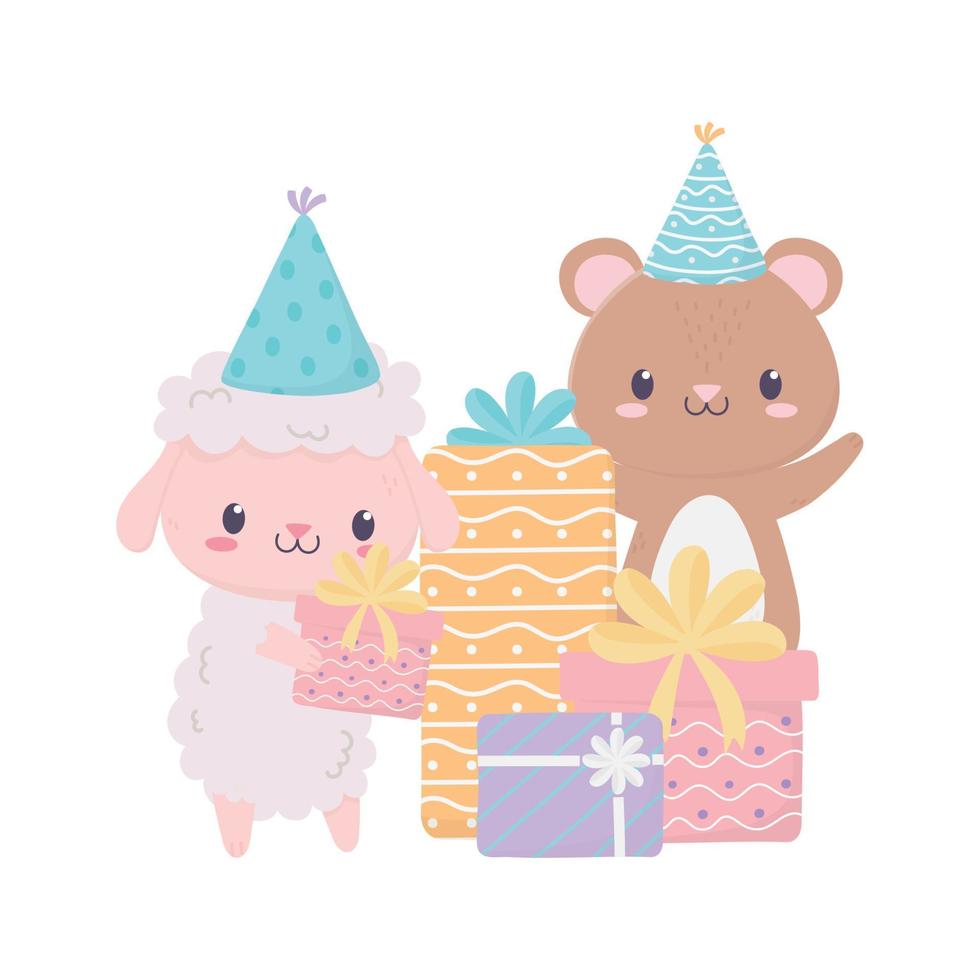 happy birthday sheep bear with gifts and party hats celebration decoration card vector