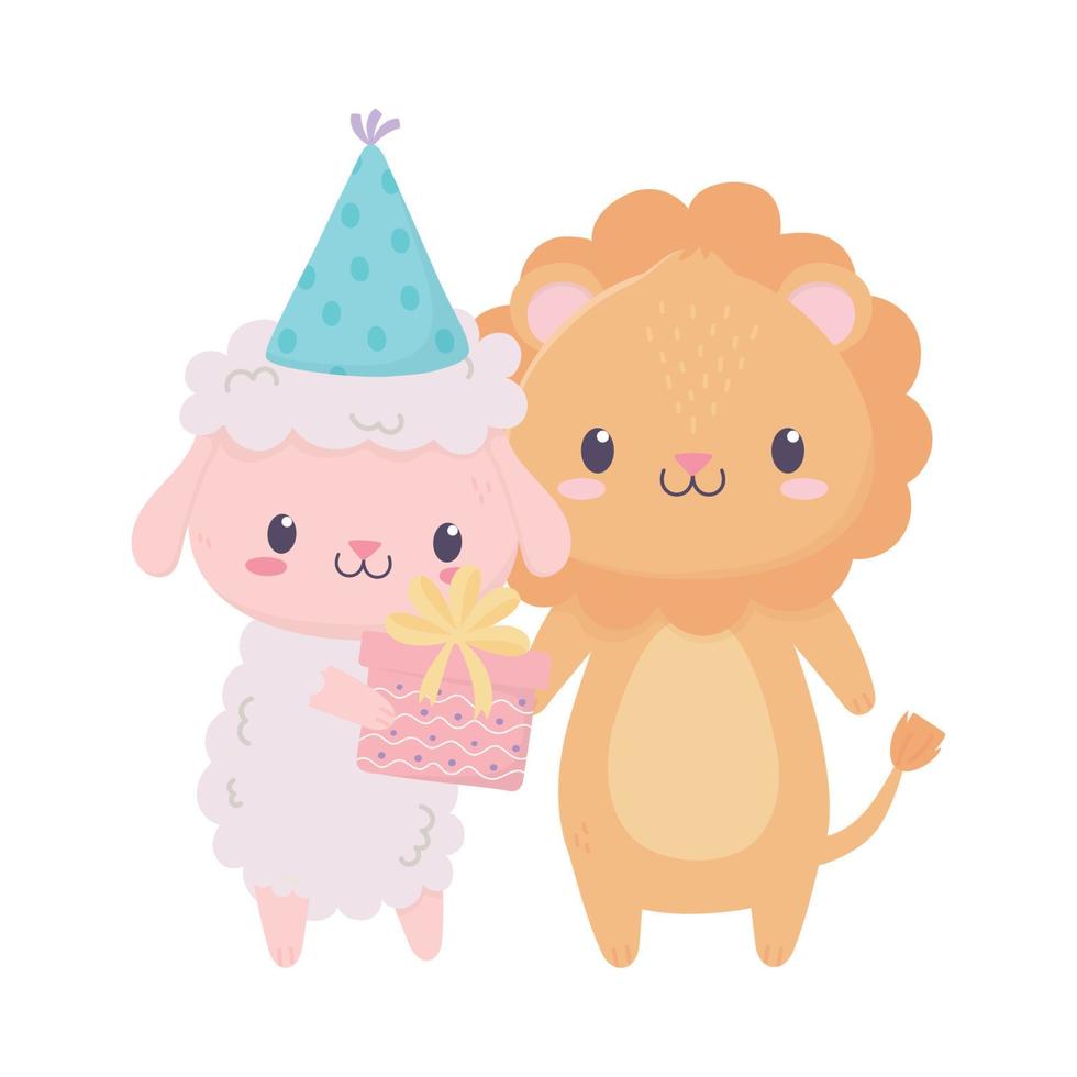 feliz cumpleaños oveja león con sombrero de fiesta tarjeta de decoración de celebración vector