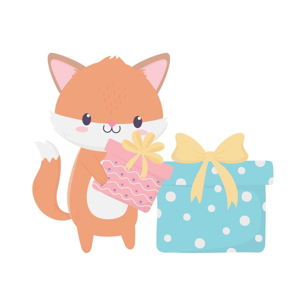 happy birthday fox with gifts celebration decoration card vector