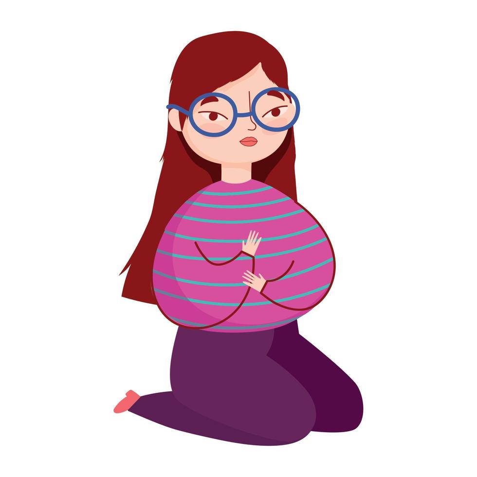 young woman with glasses on the knees character isolated icon vector