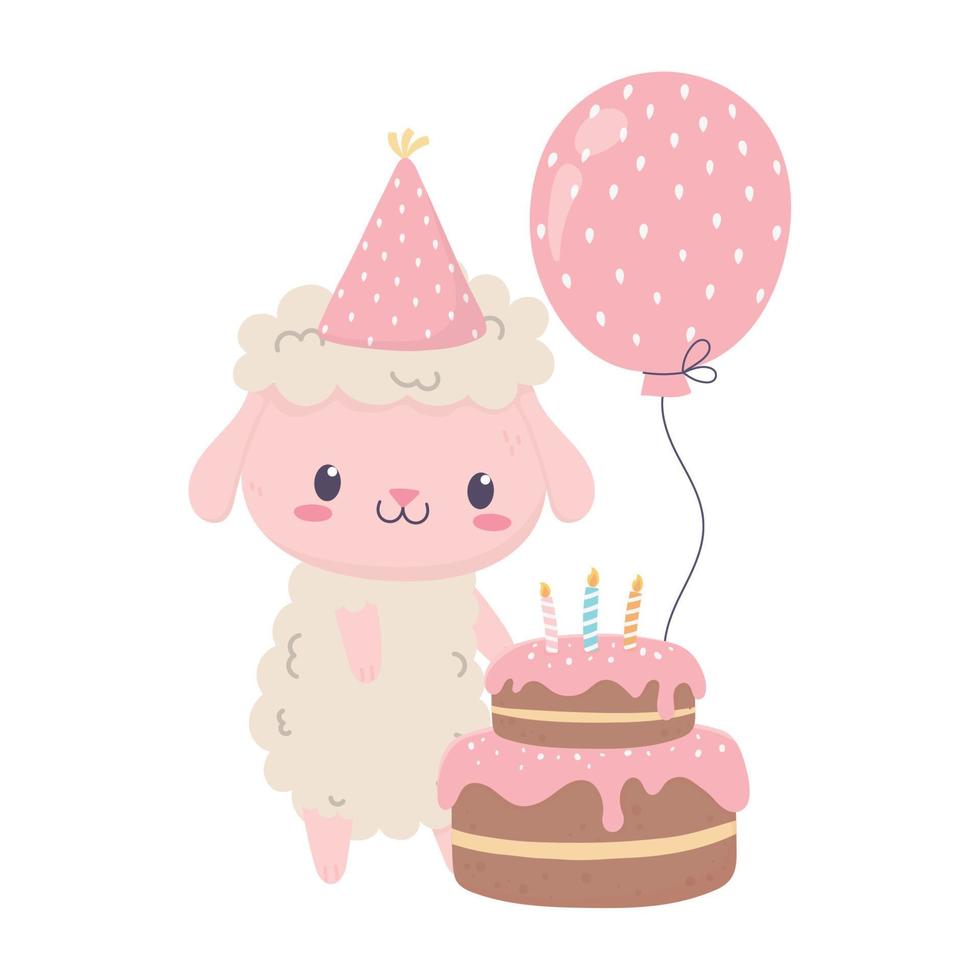 feliz cumpleaños lindo pastel de oveja y tarjeta de decoración de celebración de globos vector