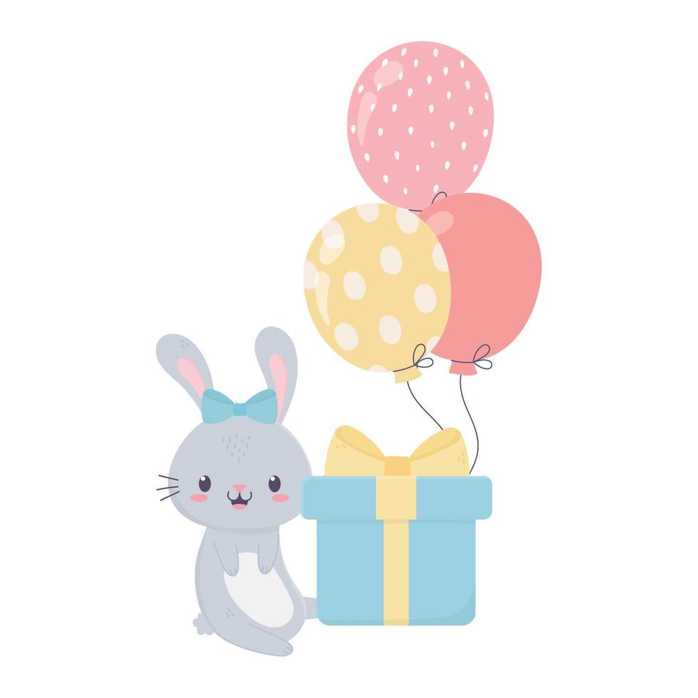 feliz cumpleaños conejo regalo y globos celebración decoración tarjeta vector