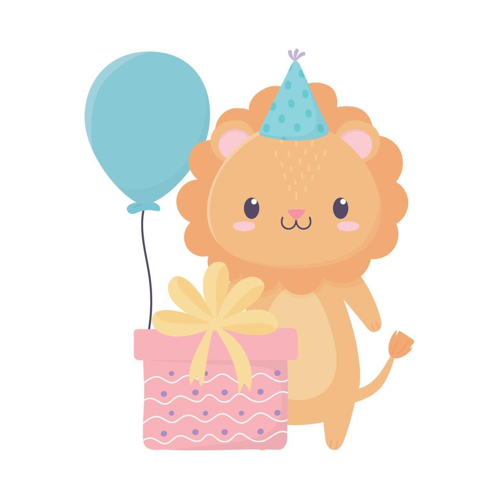 happy birthday lion with party hat gift balloon celebration decoration vector