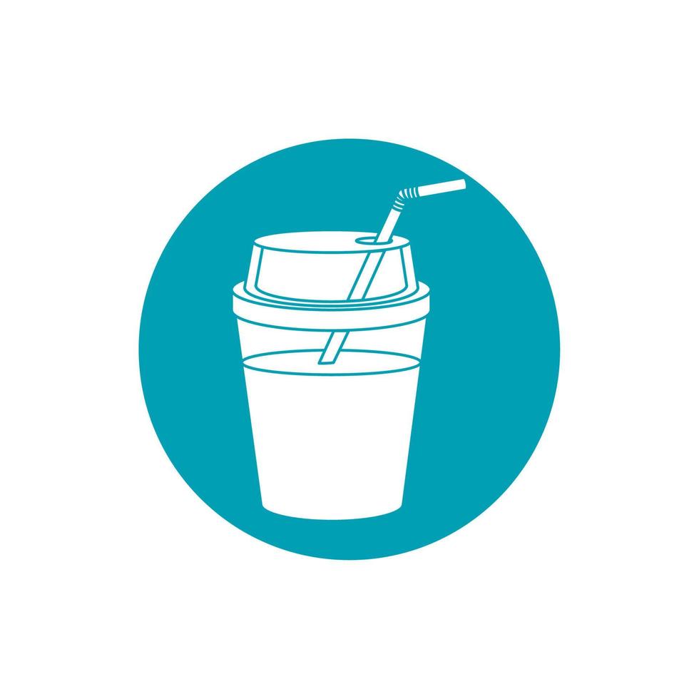 bebidas frías refrescan un vaso de plástico con un icono de estilo bloque azul paja vector