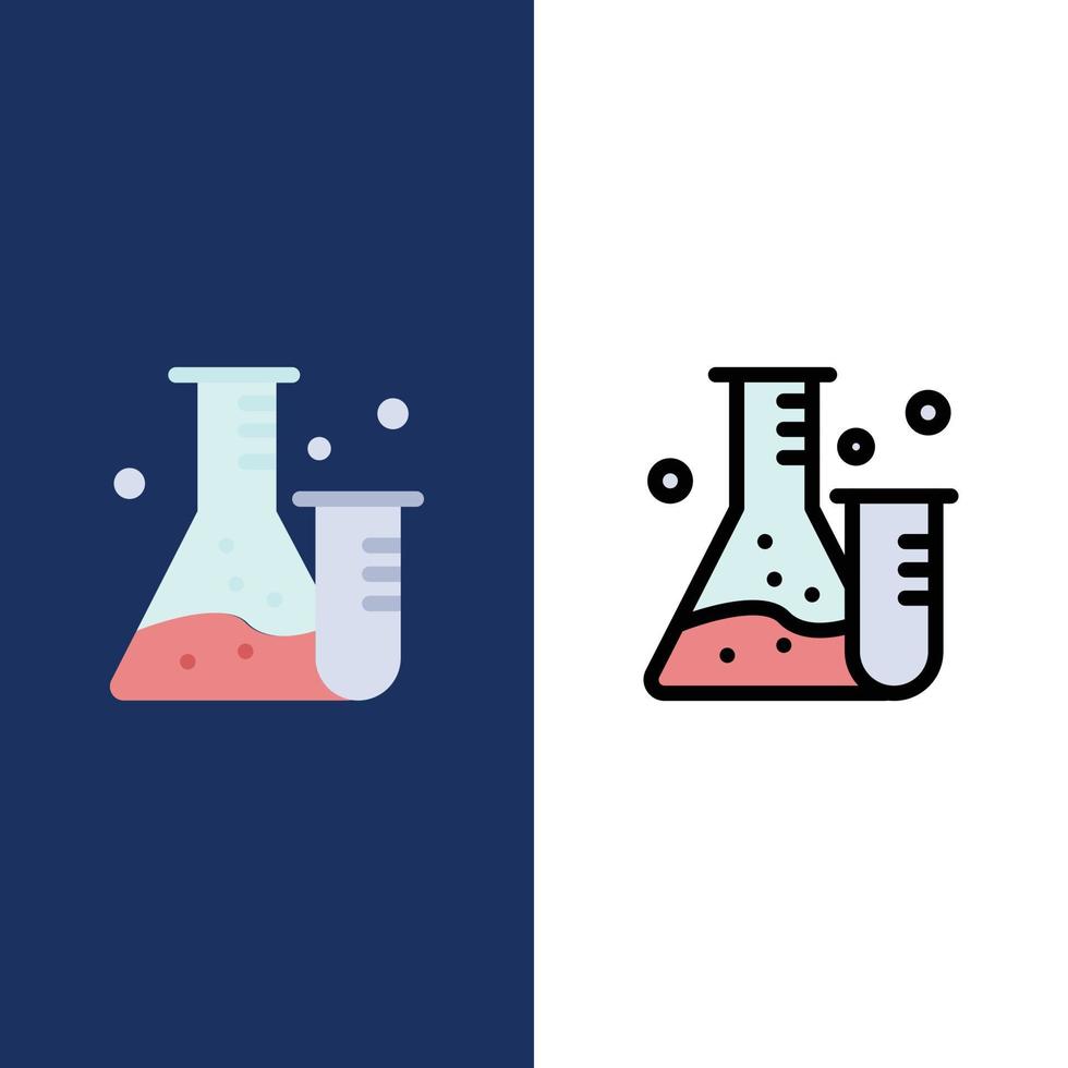 matraz tubo laboratorio ciencia iconos plano y línea llena conjunto de iconos vector fondo azul