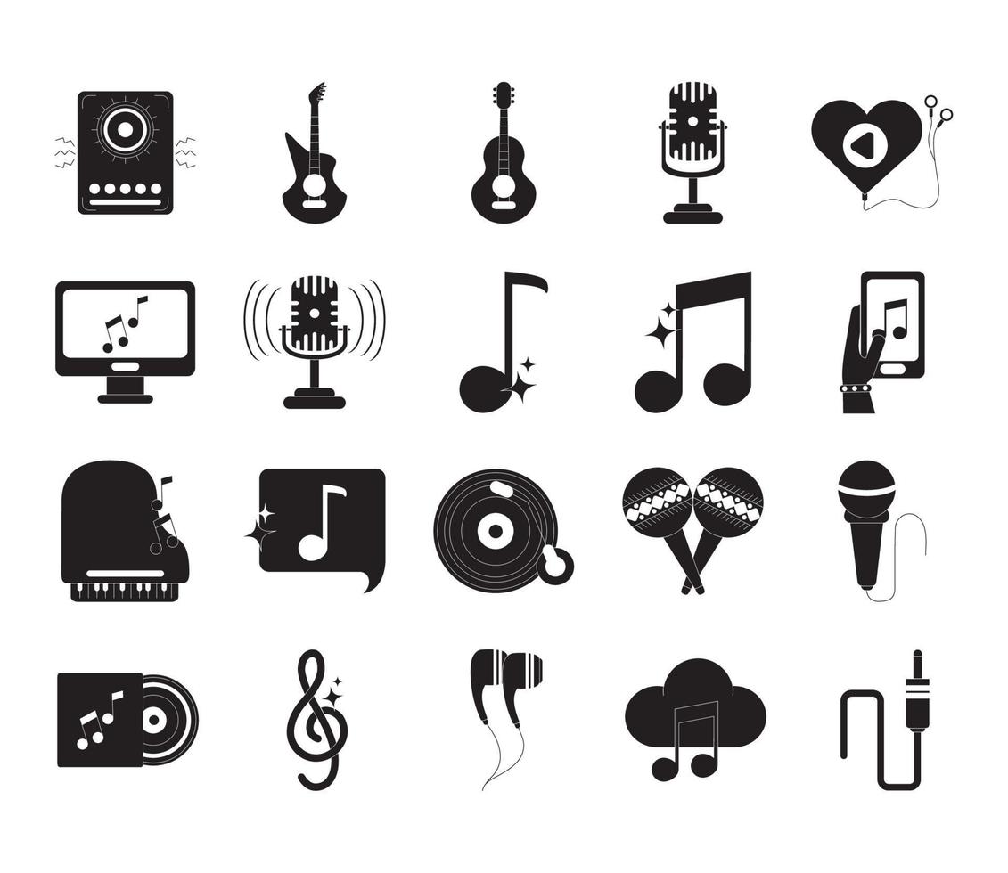 conjunto de iconos de audio de sonido de melodía de música icono de estilo de silueta vector