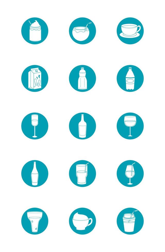 drinks beverage glass cups bottle alcoholic liquor icons set blue block style icon vector