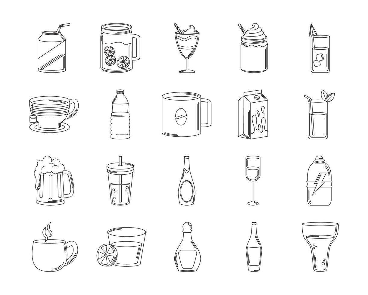 drinks beverage glass cups bottle alcoholic liquor icons set line style icon vector