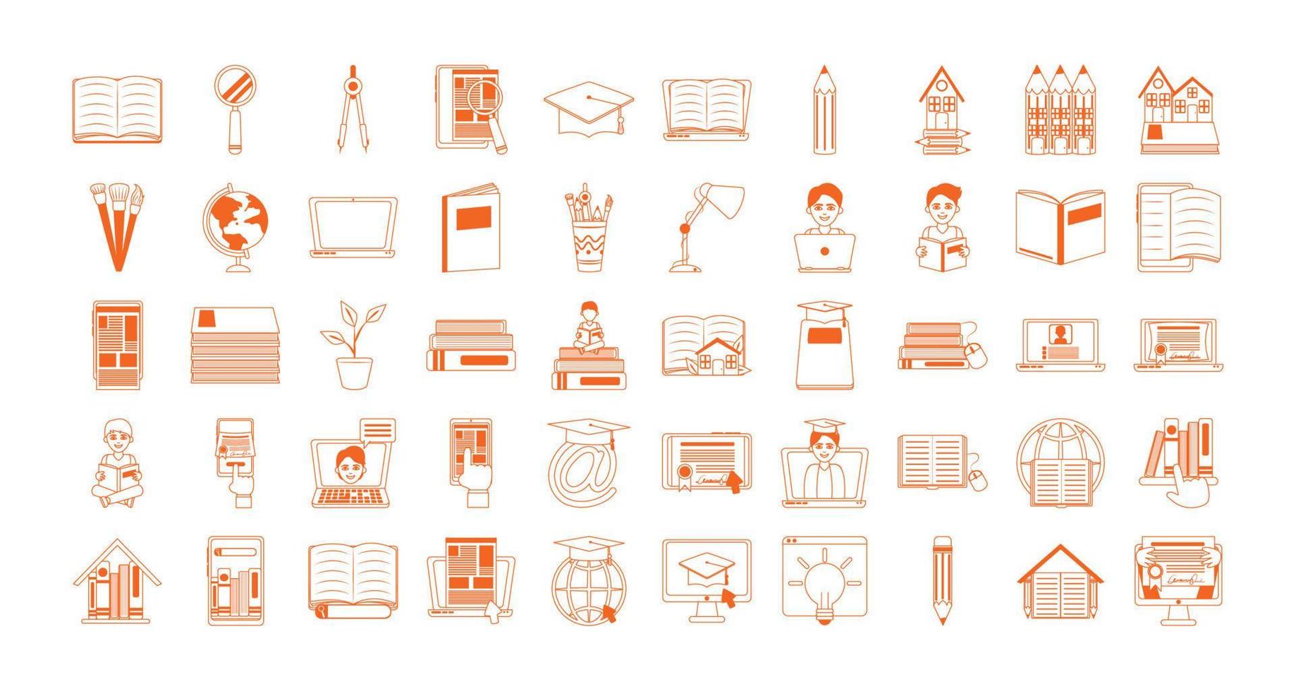 educación en el hogar escuela aprender suministros iconos establecer línea color estilo icono vector