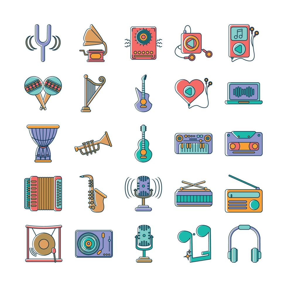 music melody sound audio icons set line and fill style vector