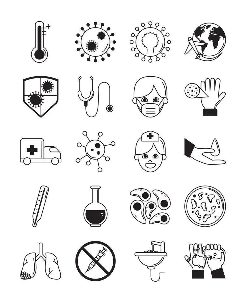 virus covid 19 pandemic respiratory illness icons set line style vector