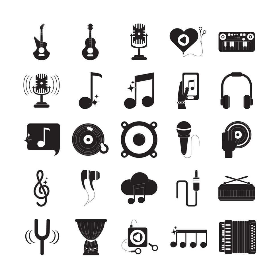 music melody sound audio icons set silhouette style icon vector