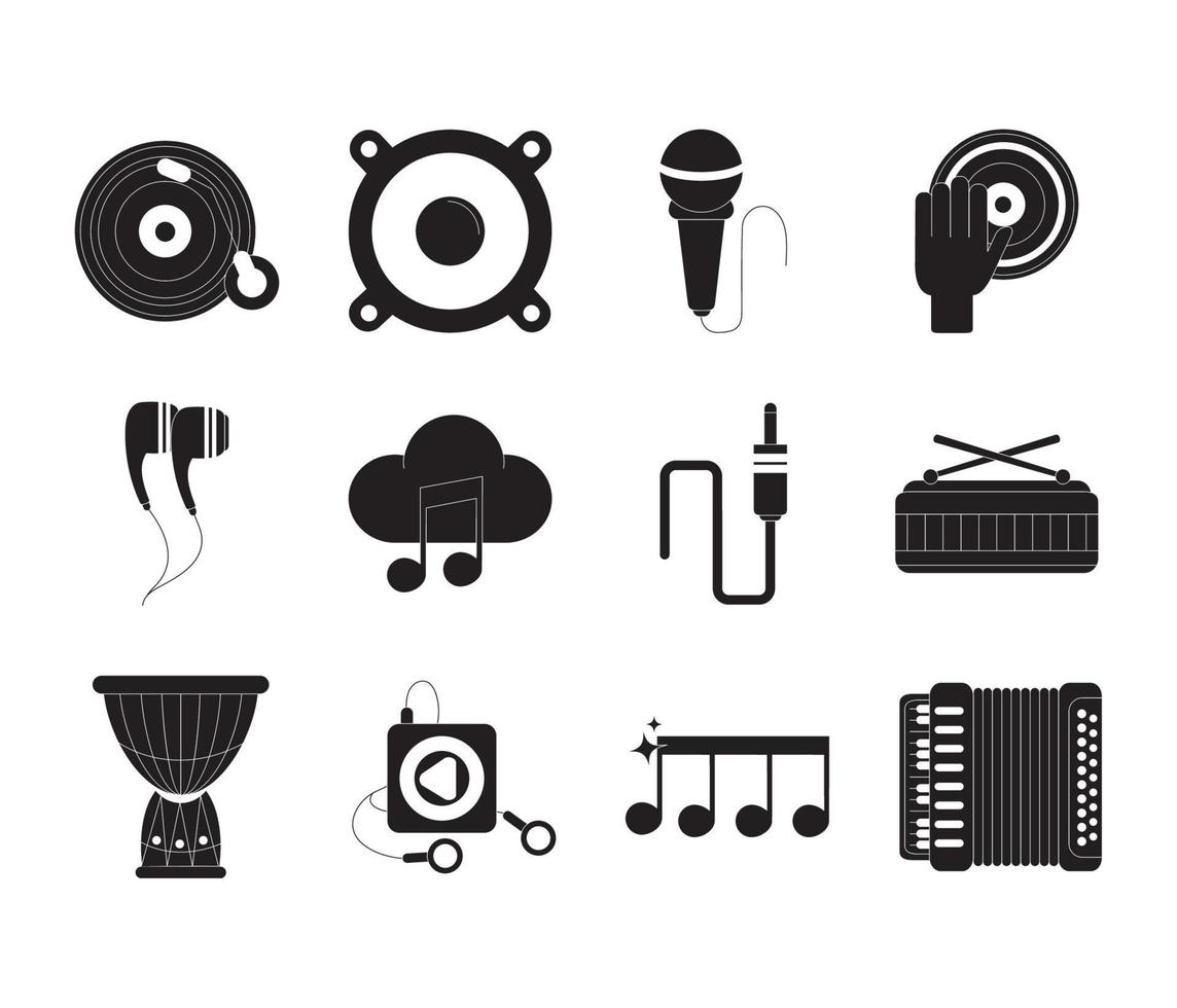 music melody sound audio icons set silhouette style icon vector