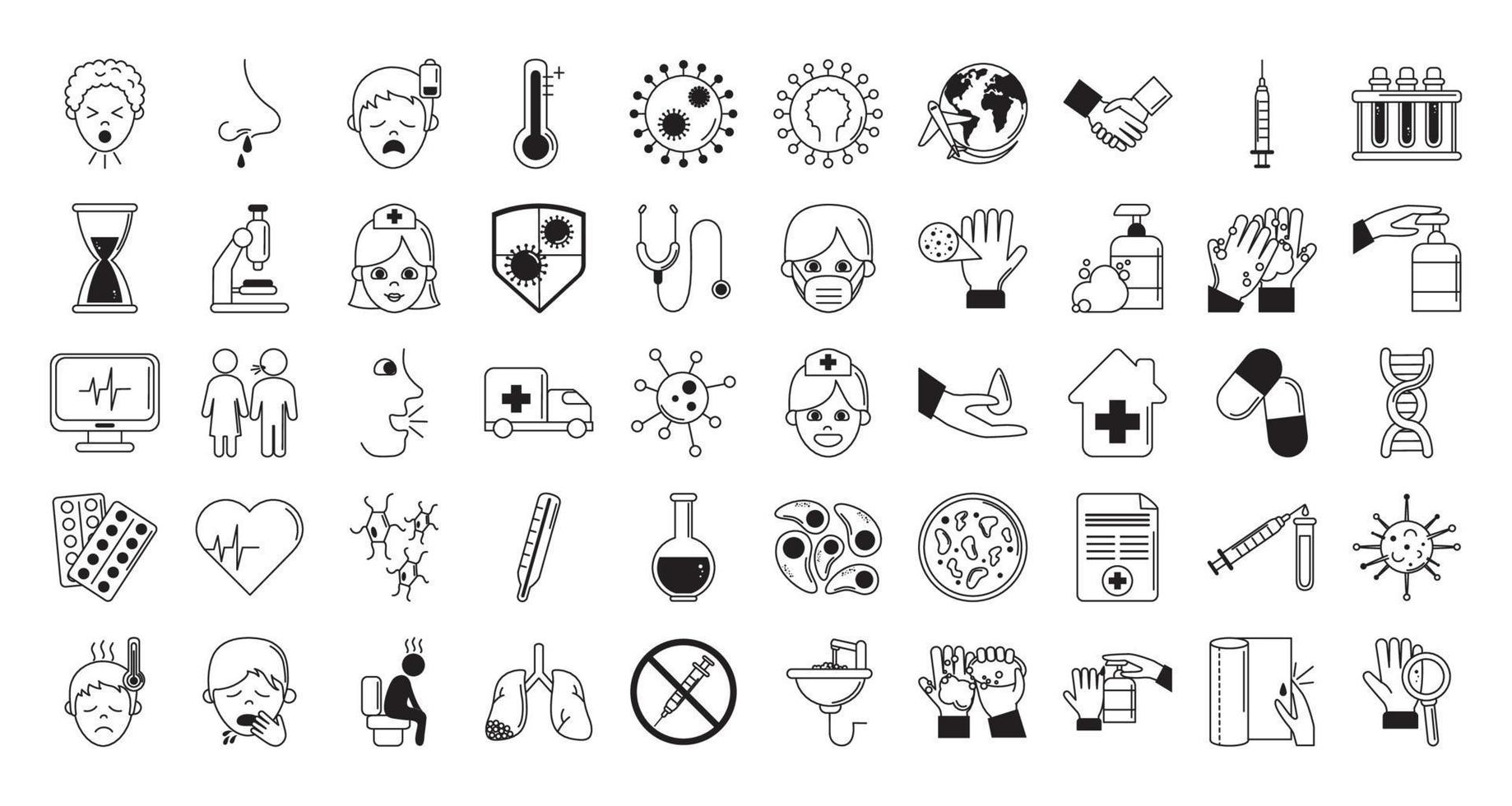 virus covid 19 pandemic respiratory illness icons set line style vector