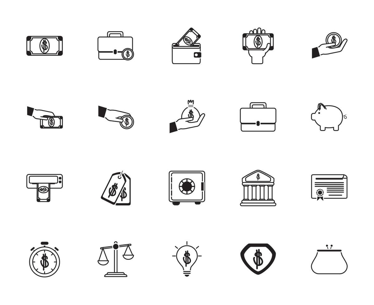 iconos de comercio de comercio financiero de negocios de dinero establecer icono de estilo de línea vector
