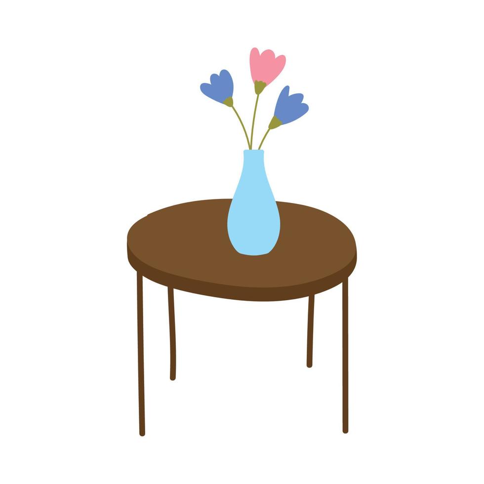 Flores en jarrón sobre mesa decoración icono aislado vector