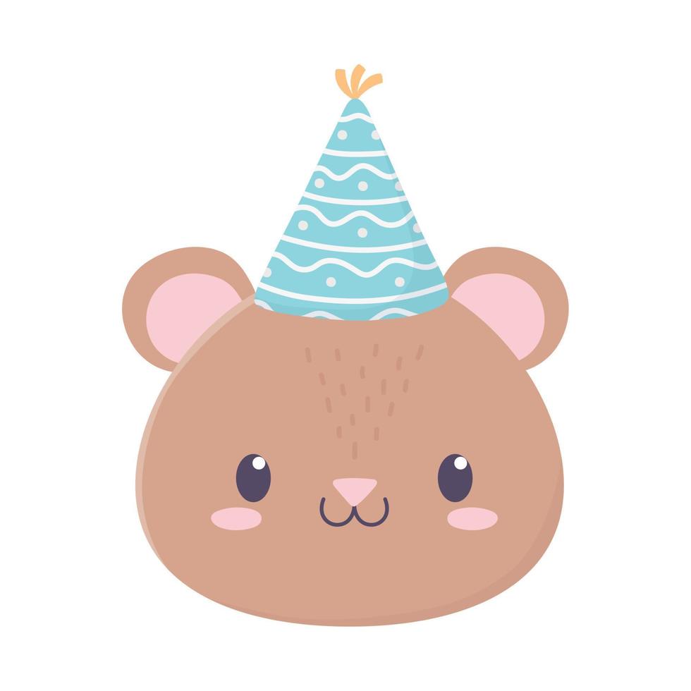 happy birthday bear face with party hat cartoon isolated icon vector