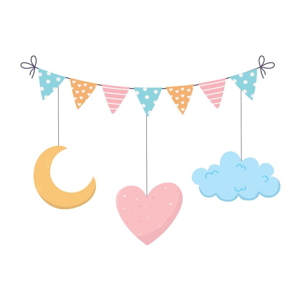baby shower corazón nube luna banderas tarjeta decoración de dibujos animados vector