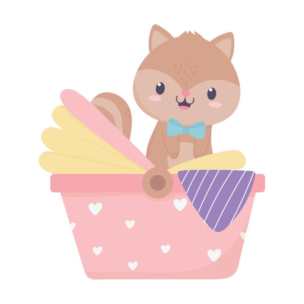 baby shower squirrel in pram with blanket decoration vector