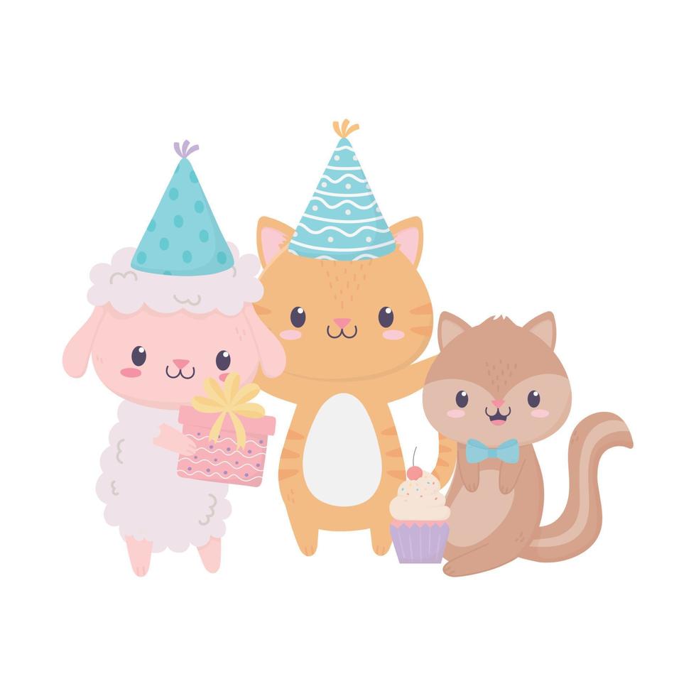 feliz cumpleaños lindos animales regalos gorro de fiesta cupcake celebracion decoracion tarjeta vector