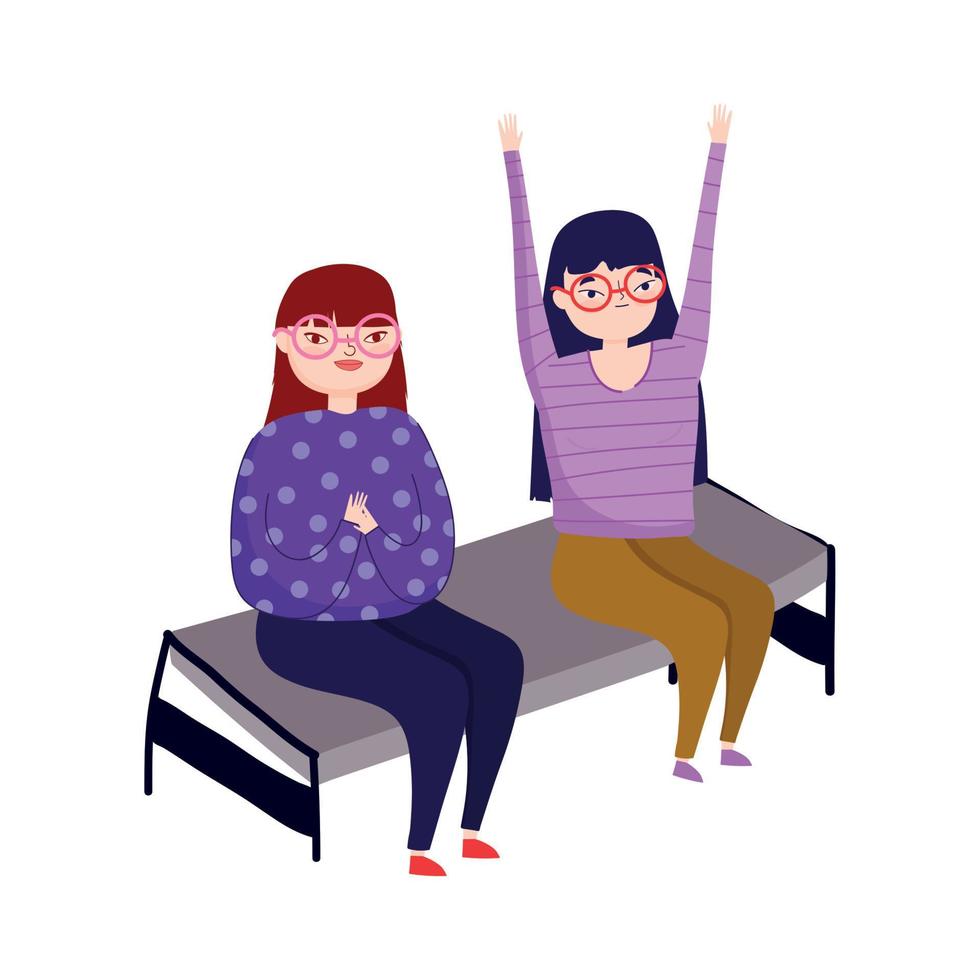two young women with glasses sitting in chair isolated icon vector