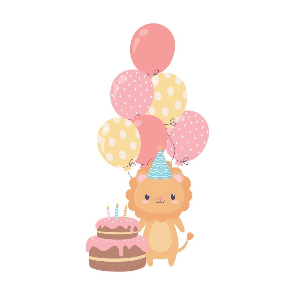 happy birthday lion cake balloons celebration decoration card vector
