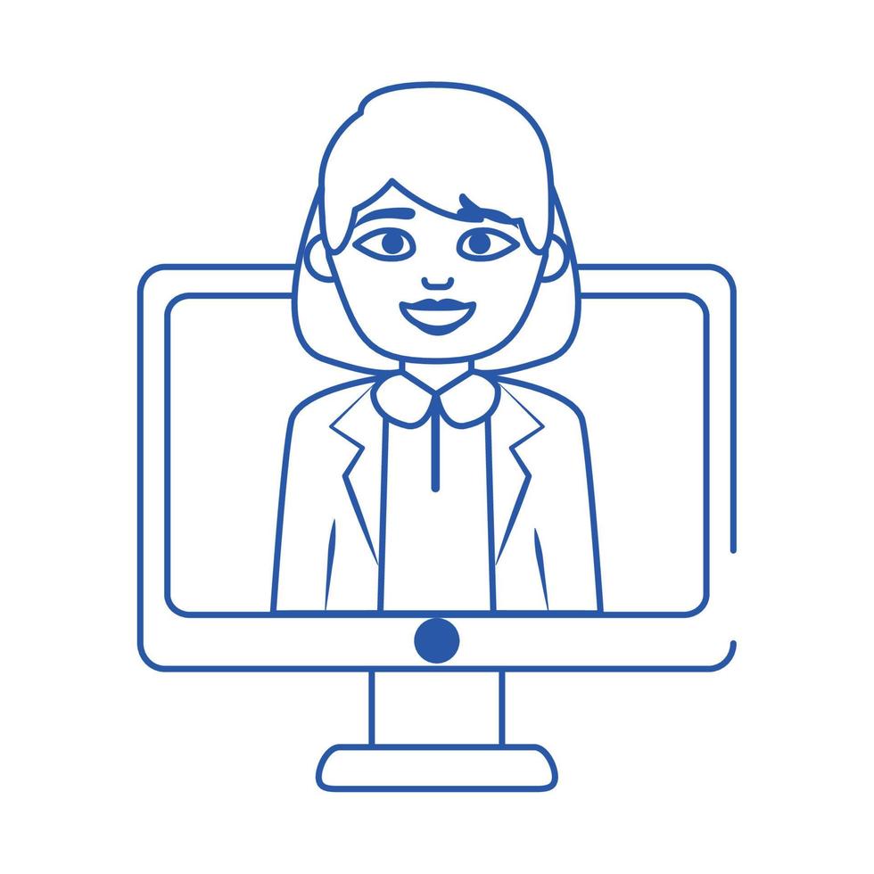 online doctor female in screen computer help care blue line style icon vector