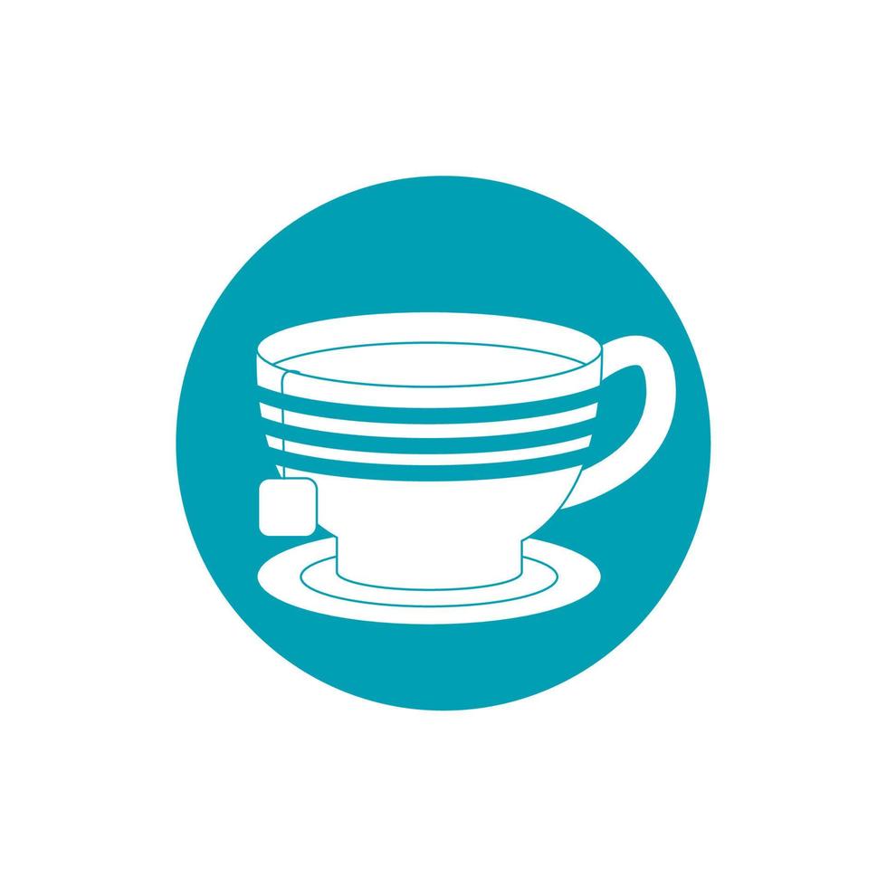 bebe una taza de té con una bolsa de hierbas en un plato icono de estilo de bloque azul fresco vector