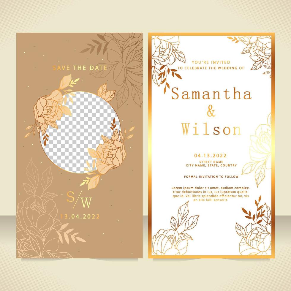 Brown And Gold Flower Weeding Invitation vector