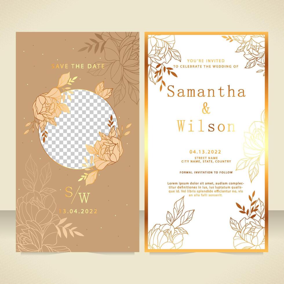 Brown And Gold Flower Weeding Invitation vector