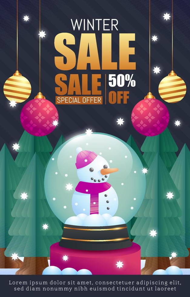 Winter Sale With Snowman In Glass Ball Poster vector