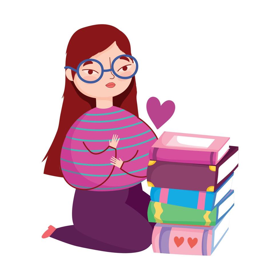 young woman on the knees with stack books, book day vector