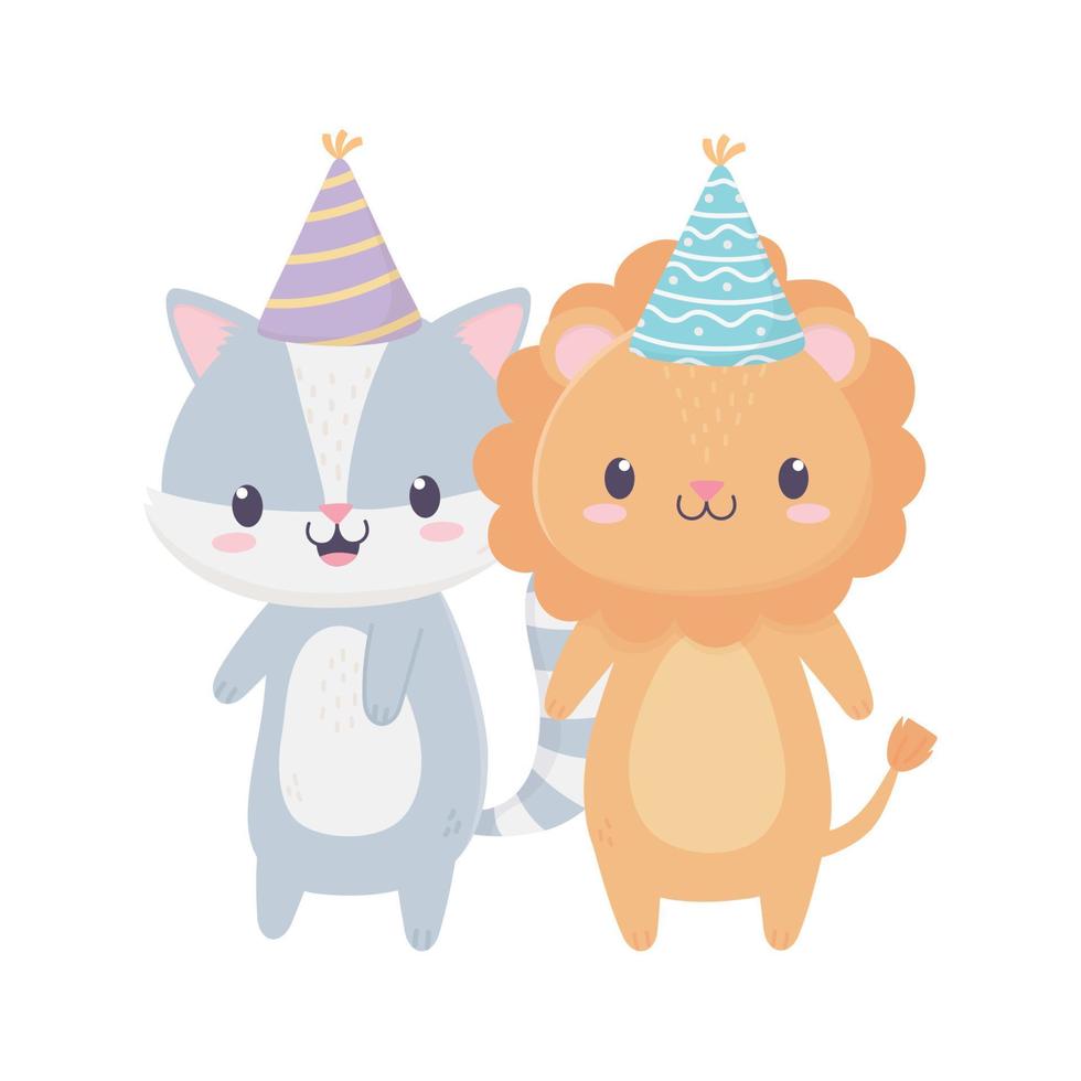 feliz cumpleaños mapache león con sombrero de fiesta decoración de celebración vector