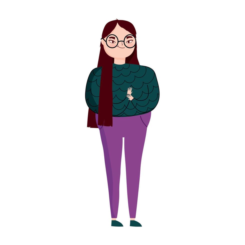 mujer joven con gafas de pie icono aislado de carácter vector