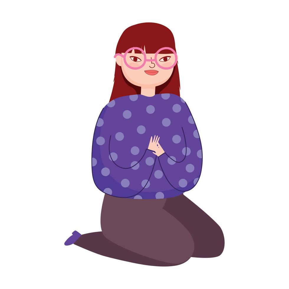 young woman with glasses on the knees character isolated icon vector