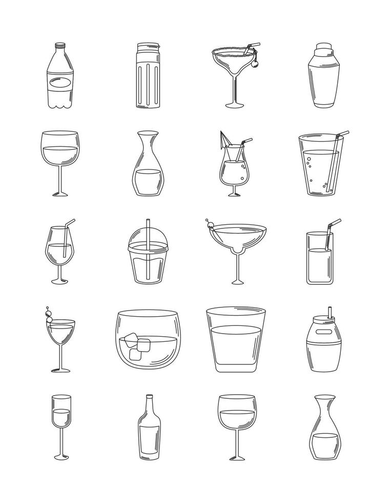 drinks beverage glass cups bottle alcoholic liquor icons set line style icon vector