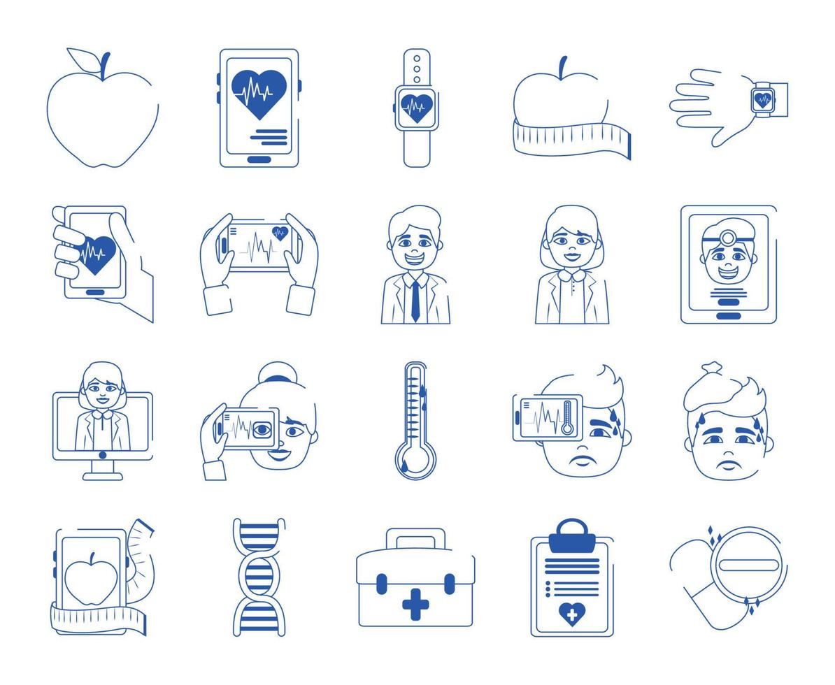 online doctor health medicine care blue line style icons set vector