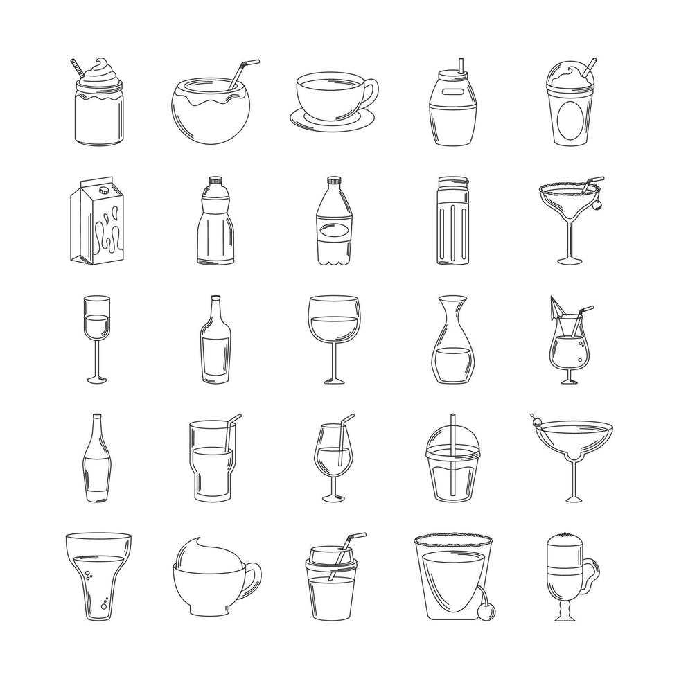 drinks beverage glass cups bottle alcoholic liquor icons set line style icon vector