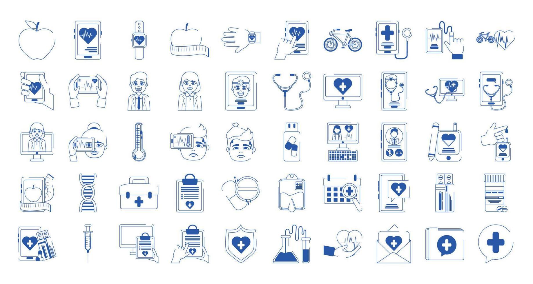 online doctor health medicine care blue line style icons set vector