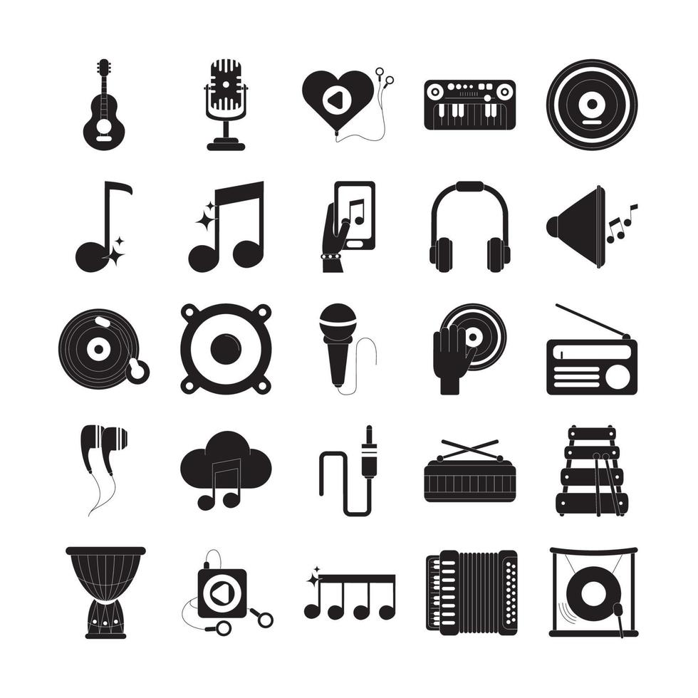 conjunto de iconos de audio de sonido de melodía de música icono de estilo de silueta vector